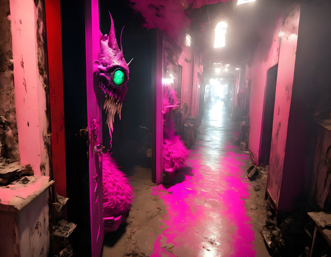 Dimly Lit Corridor with Vibrant Pink Hue and Dragon-Like Creature