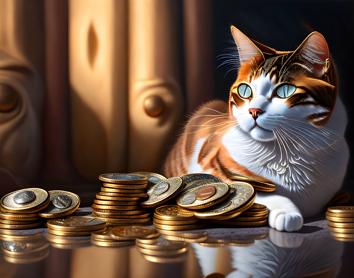 Orange and white cat with round glasses near gold coins and classical columns