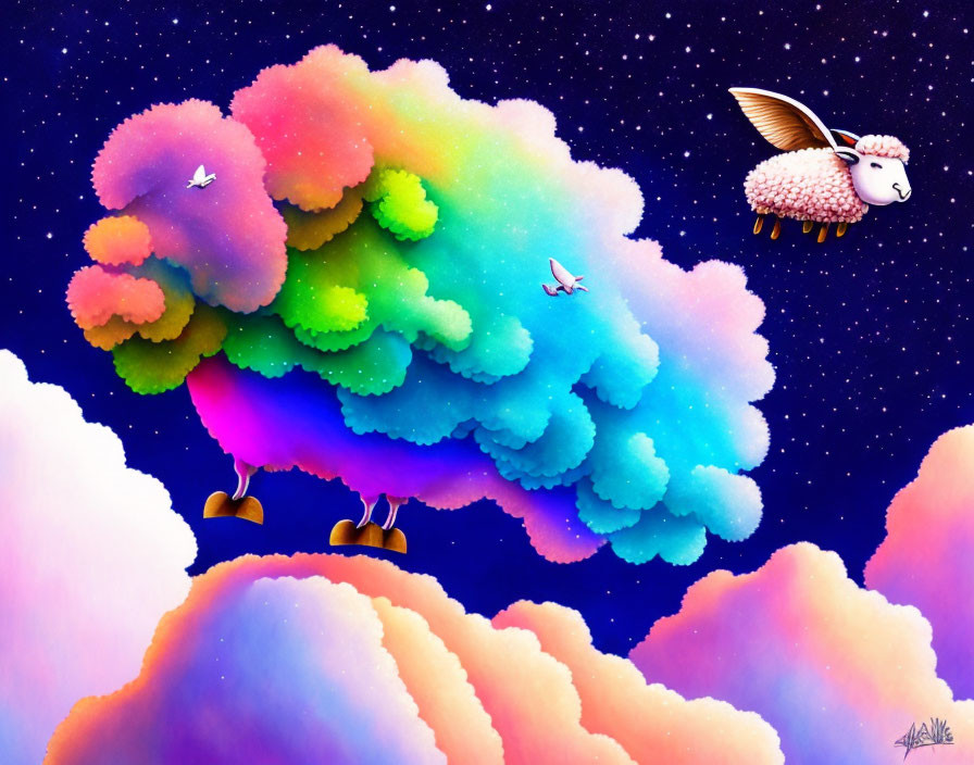 Colorful sheep with wings flying in vibrant sky