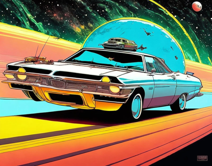 Retro-futuristic illustration of classic car on neon road