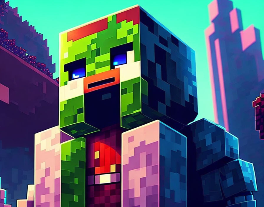 Pixelated character with green camouflage head and blue eyes on neon backdrop