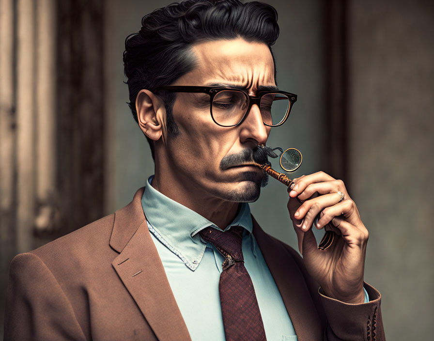 Man in suit with glasses and mustache holding monocle