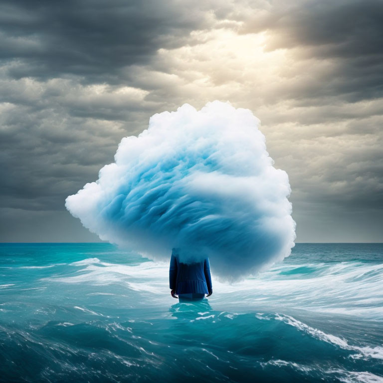 Surreal image: Fluffy blue cloud over ocean with floating blue dress