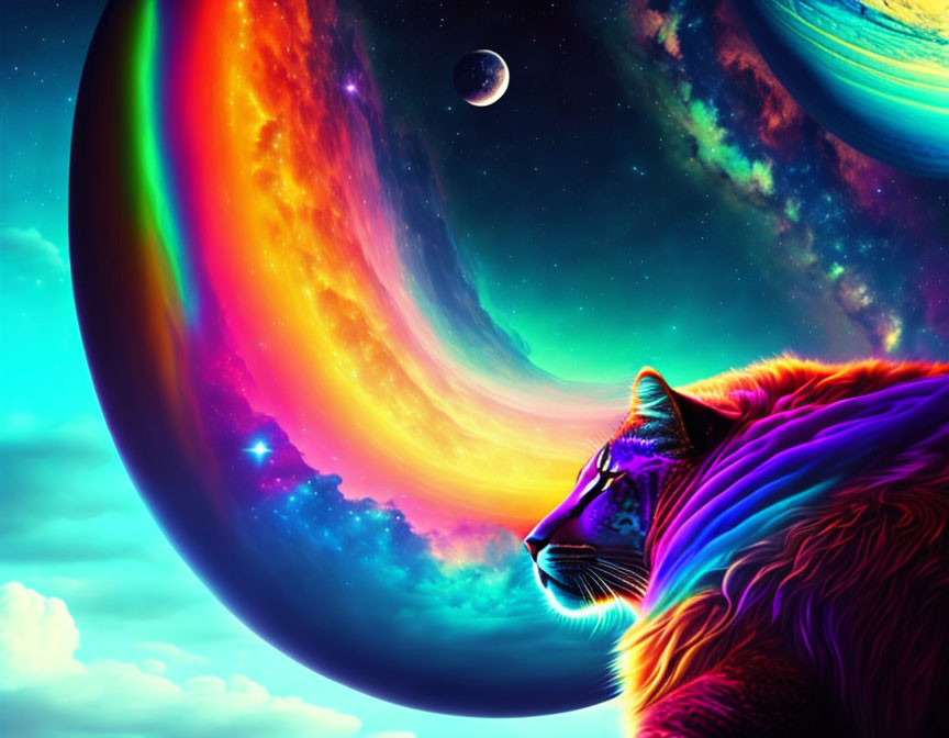 Colorful Cosmic Scene with Rainbow Cat and Swirling Galaxy