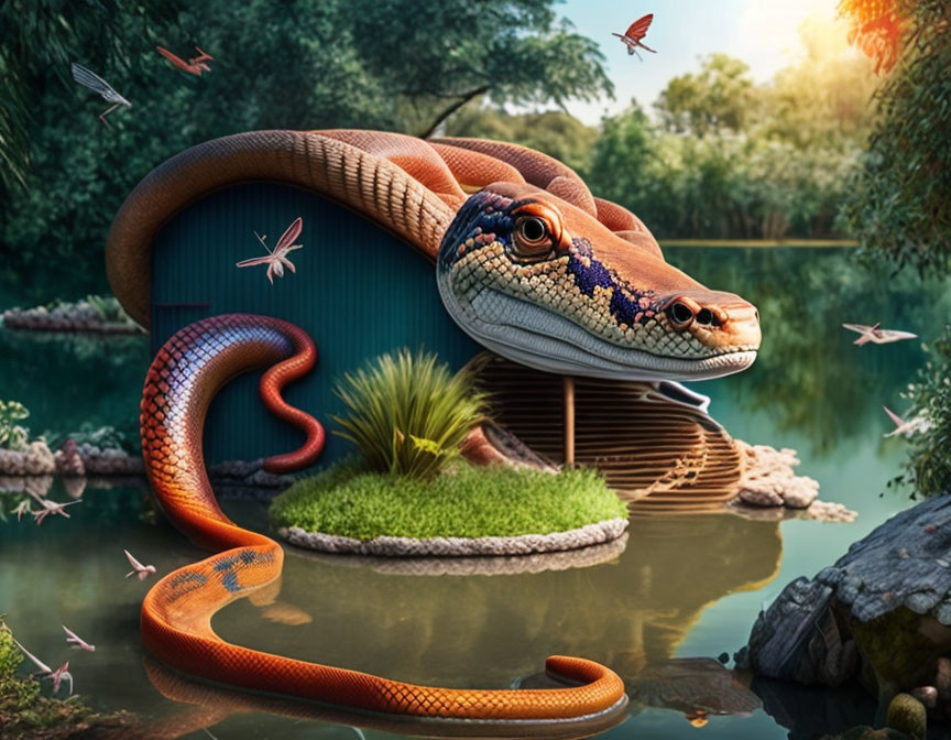 Colorful digital artwork featuring large snake in lush environment with dragonflies, forming bridge over water