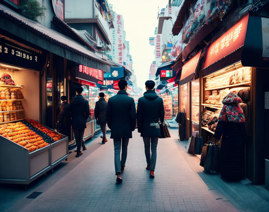 Urban Market Scene with Two Individuals Strolling Amid Store Signs