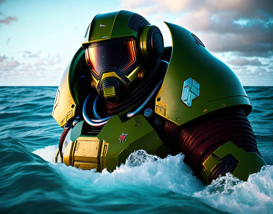 Futuristic green armored diver emerging from ocean at dusk