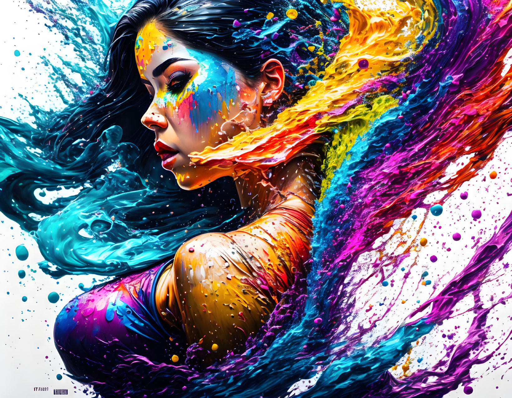 Colorful digital artwork: Woman with exploding paint splashes