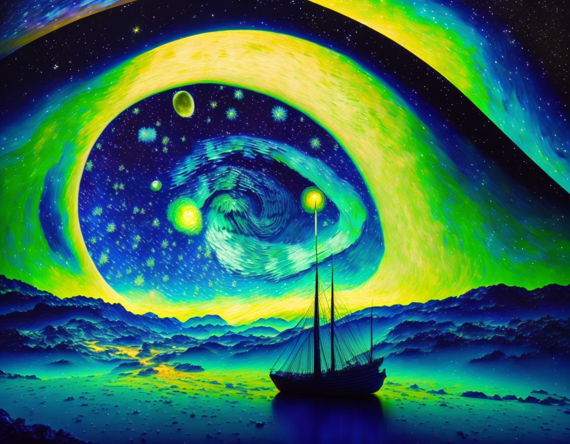 Surreal nightscape with ship on wavy sea under cosmic swirl