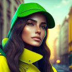 Digital Art: Woman with Brown Hair in Green Cap and Yellow Jacket