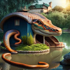 Colorful digital artwork featuring large snake in lush environment with dragonflies, forming bridge over water