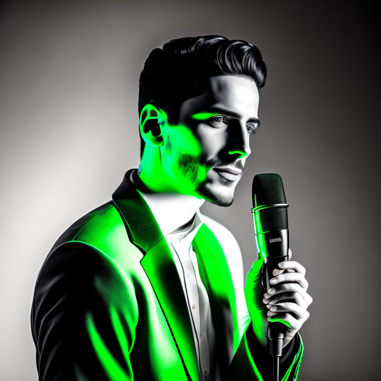 Man with slicked-back hair holding a microphone under green light