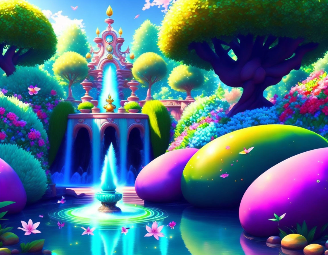 Colorful Flora and Whimsical Castle in Vibrant Fantasy Landscape