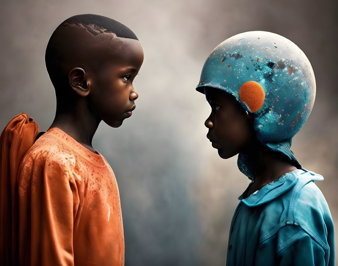 Children in orange and blue with celestial helmet in misty setting