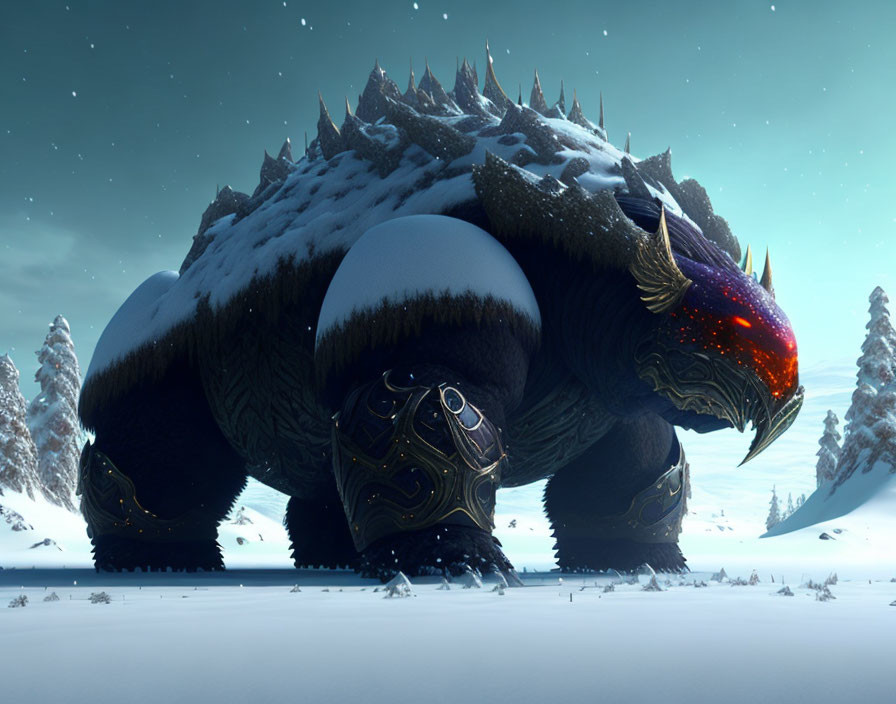 Giant armored turtle creature with spikes in snowy forest