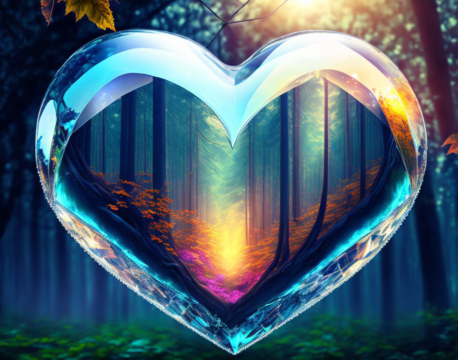 Heart-shaped frame digital artwork with enchanted forest scene in warm sunlight and mystical hues.