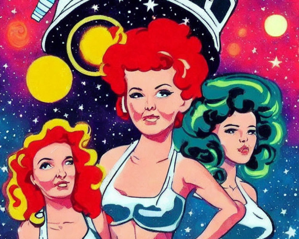 Three Retro-Style Women with Vibrant Hair in Cosmic Setting