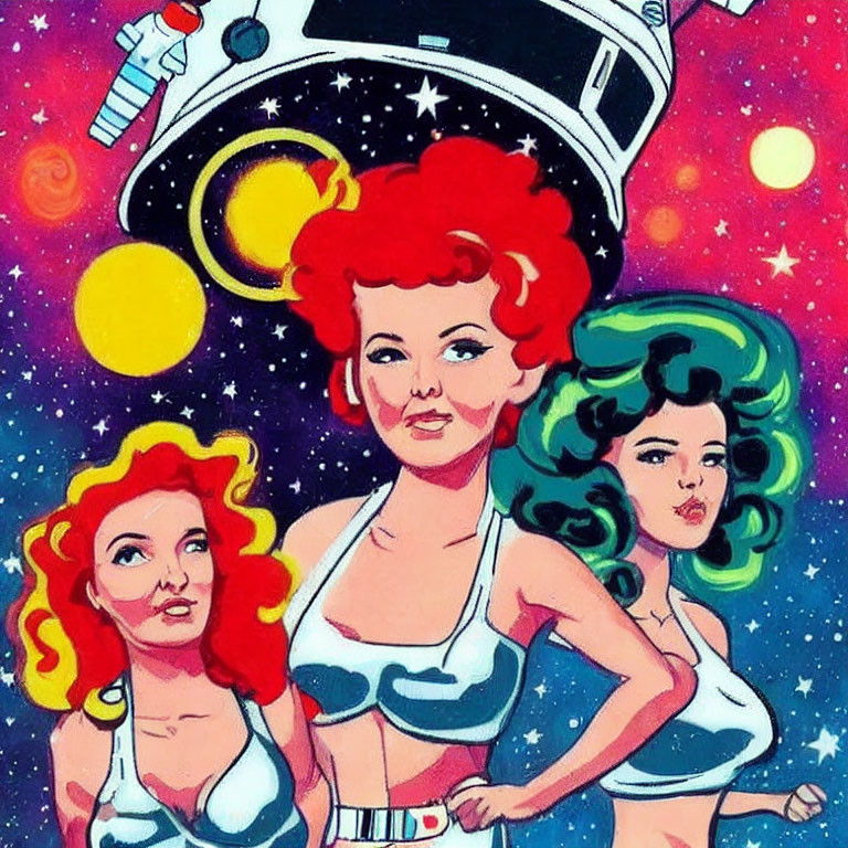 Three Retro-Style Women with Vibrant Hair in Cosmic Setting