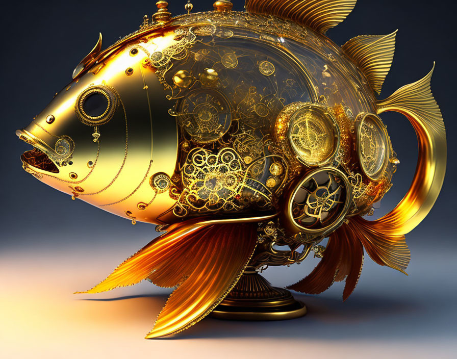 Steampunk-style fish with gold gears on warm gradient background