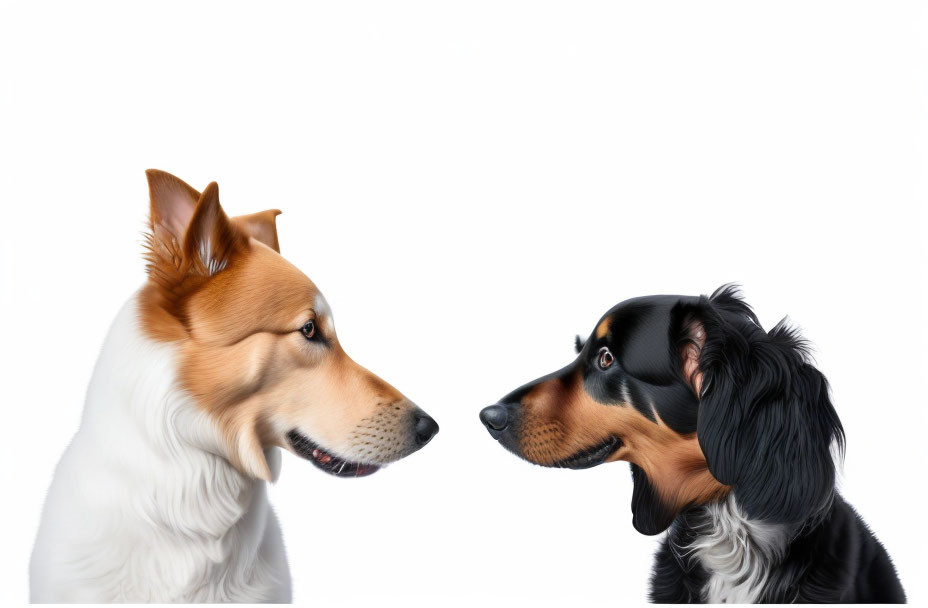 Two dogs with different fur colors facing each other on white background.