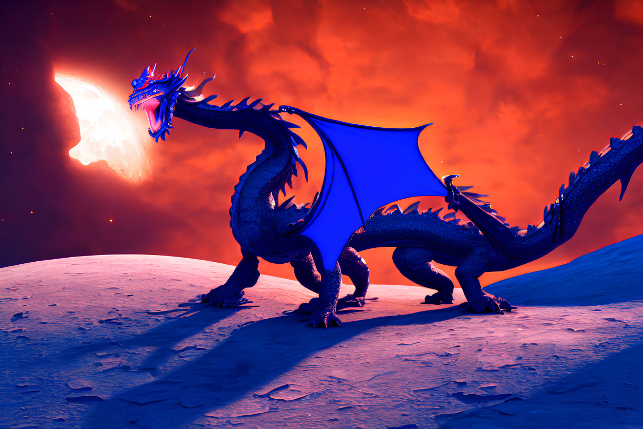 Blue dragon breathing fire under red sky with celestial body