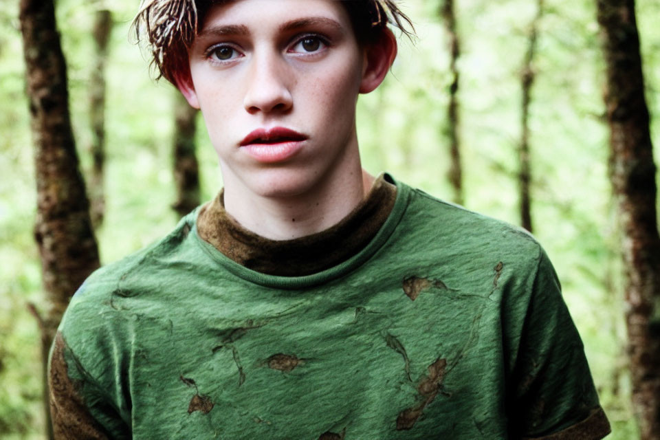 Young person with messy hair in green t-shirt in forest setting