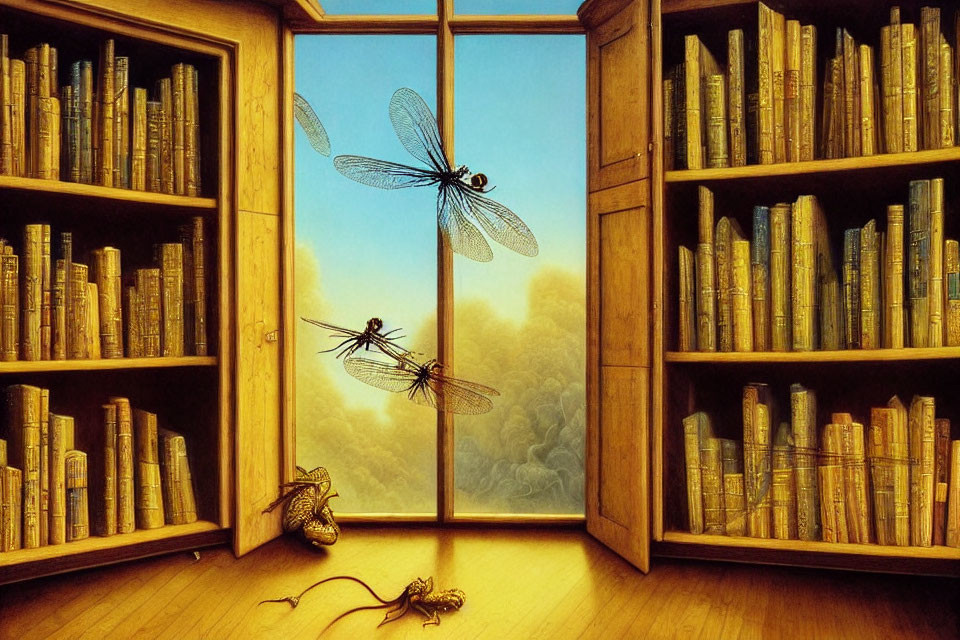 Illustration of Wooden Library with Dragonflies, Lizard, and Books