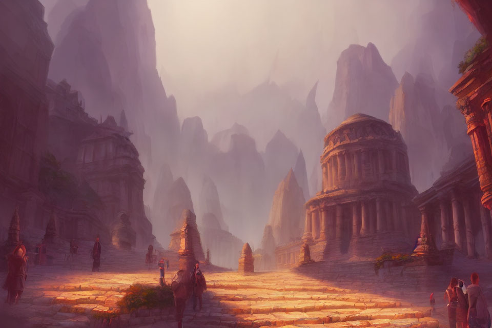 Ancient city with towering stone structures and misty mountains.