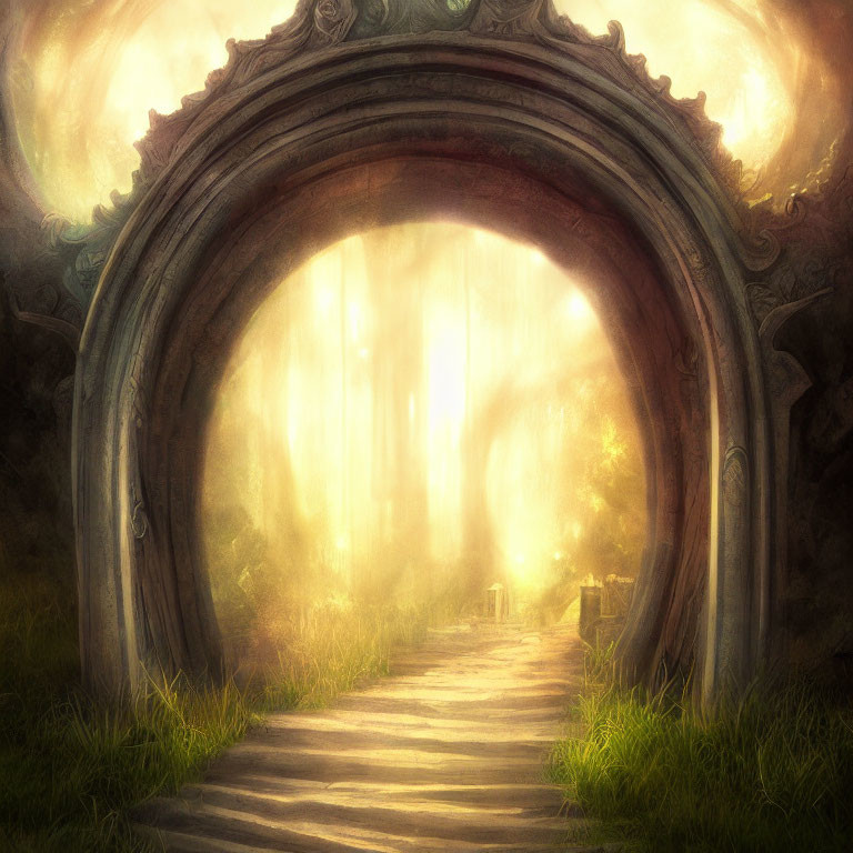 Ornate Stone Archway Leading to Sunlit Mystical Forest