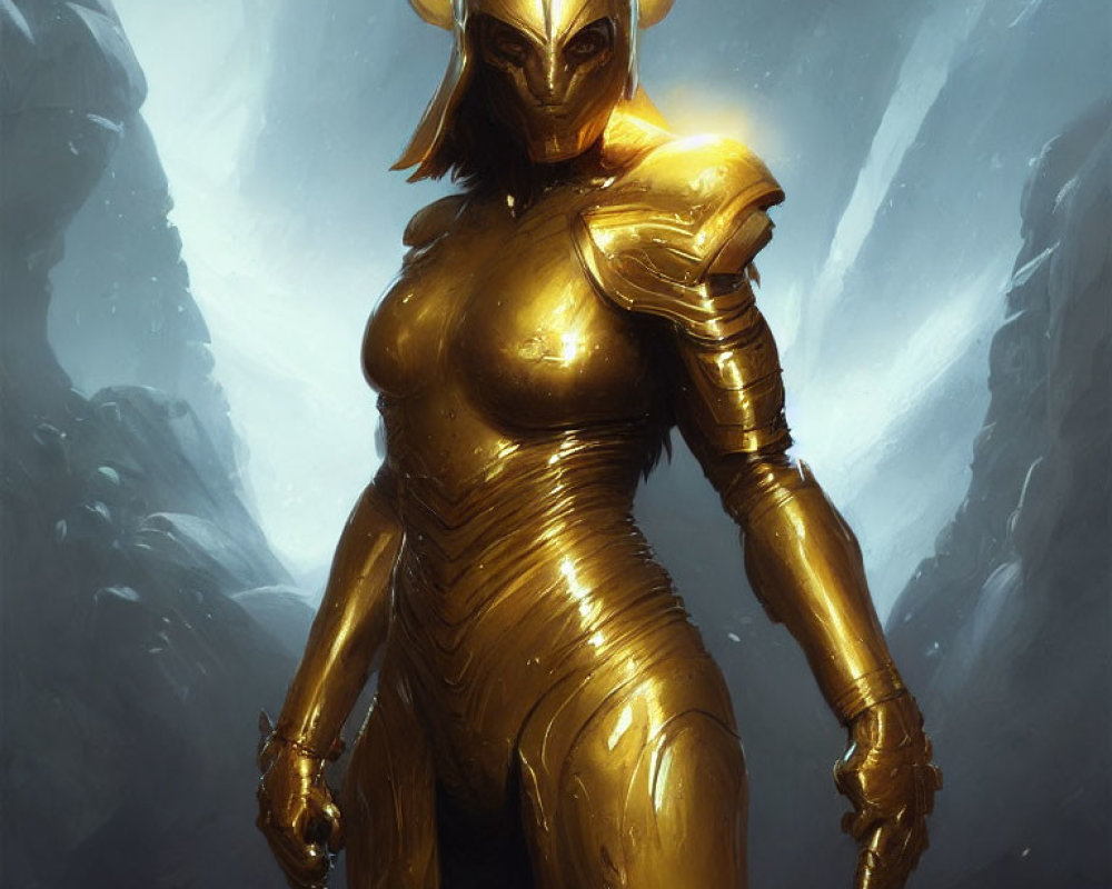 Golden-armored figure with horns in misty rocky backdrop