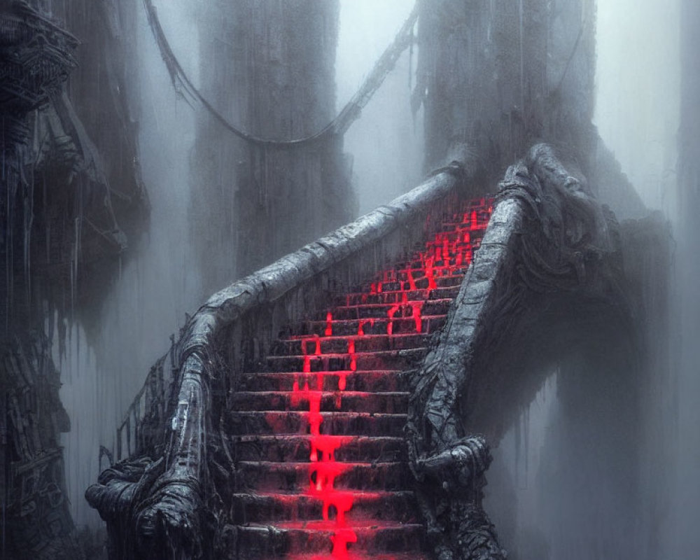 Dark atmospheric image: Ancient stairs with glowing red steps in misty industrial setting