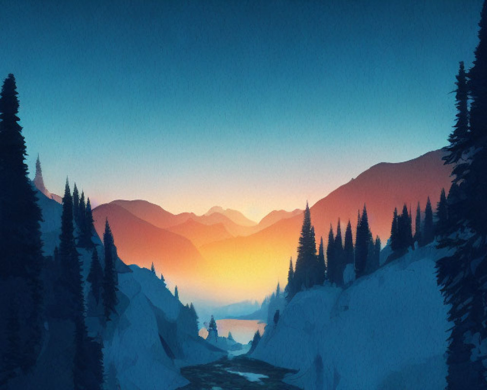 Digital art scene: Sun setting over mountains, river valley, pine trees, blue sky gradient