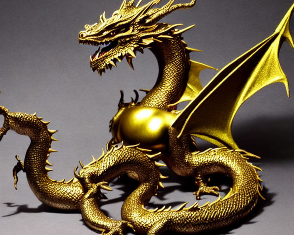 Intricate Golden Dragon Figurine on Grey Background