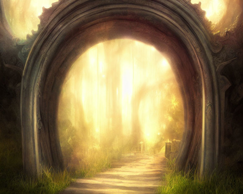 Ornate Stone Archway Leading to Sunlit Mystical Forest