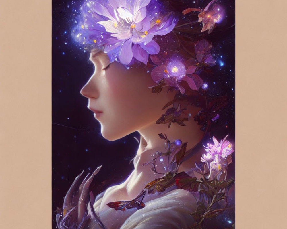 Female Figure with Flowers and Cosmic Elements in Flowing Hair against Warm Backdrop