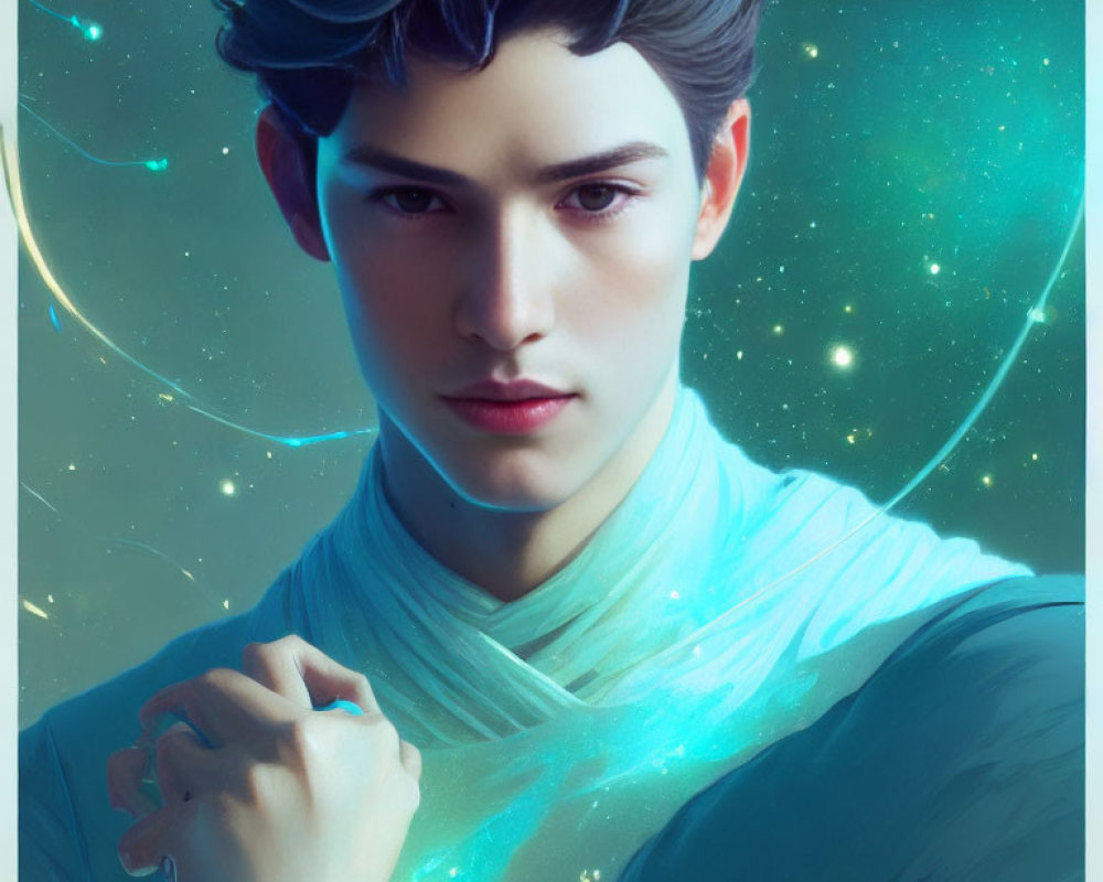 Young man's digital portrait against cosmic backdrop with glowing light