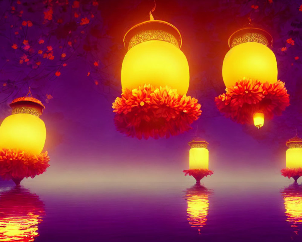 Orange flower lanterns floating on serene purple lake at twilight