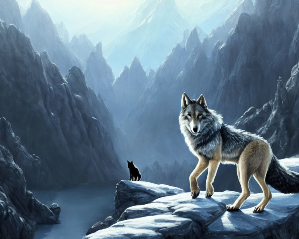 Snowy landscape with wolf and mountains in background.