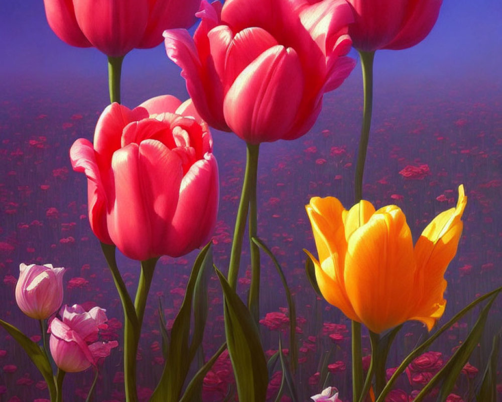 Pink and Yellow Tulips in Purple Field