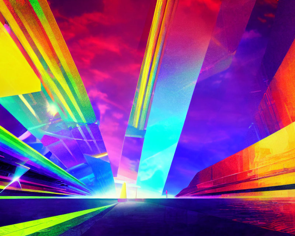 Colorful Abstract Artwork: Vibrant Beams in Futuristic Landscape