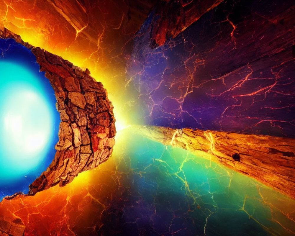 Colorful digital artwork: Glowing blue sphere in crack-lined crevice