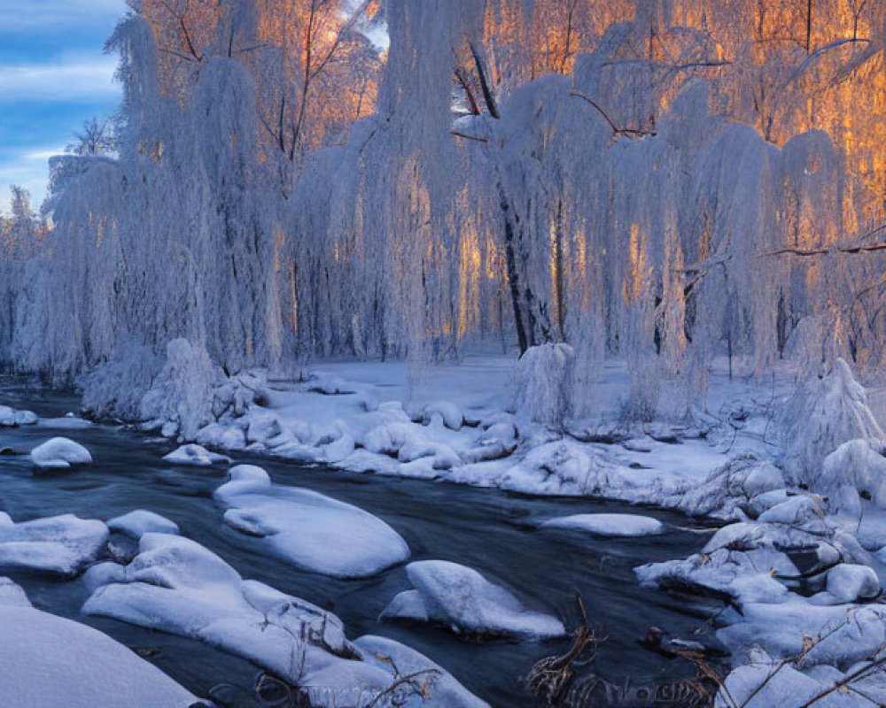 Winter landscape: setting sun, icy trees, flowing river, snow-covered rocks