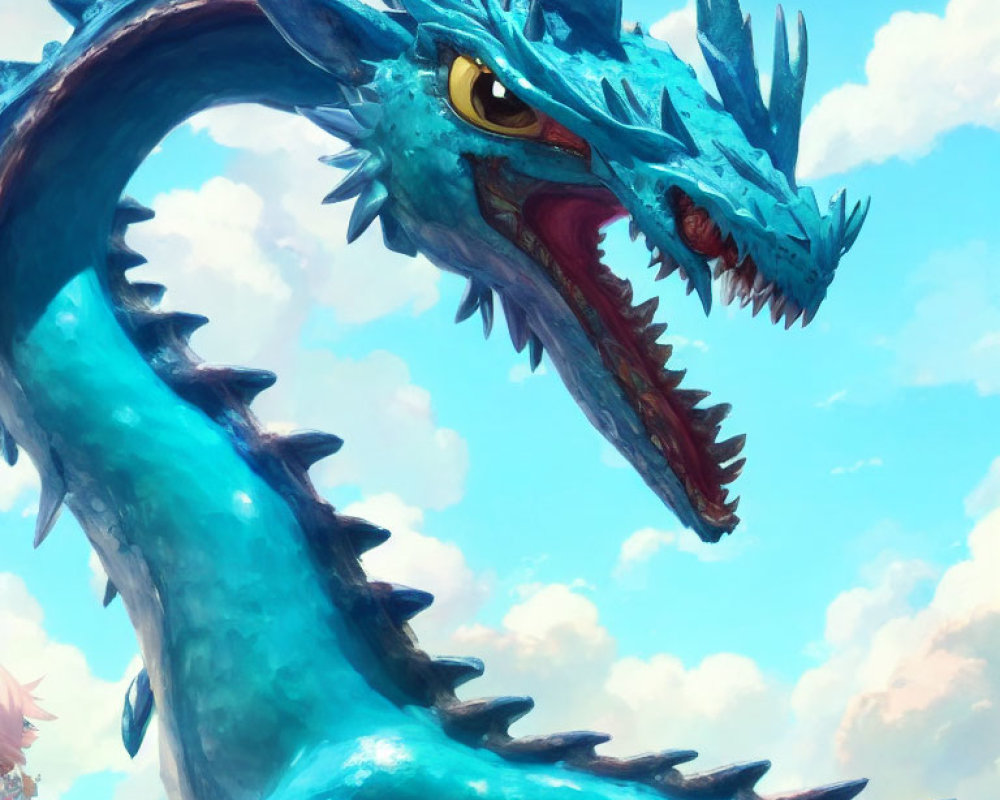 Detailed Illustration: Blue Dragon with Spikes and Fierce Gaze Next to Calm Human