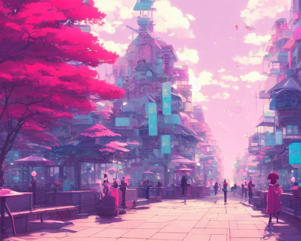 Futuristic cityscape with cherry blossoms and people on vibrant street