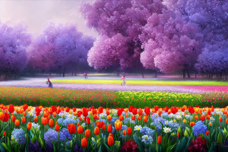 Colorful painting of tulip field and blooming trees with people walking.