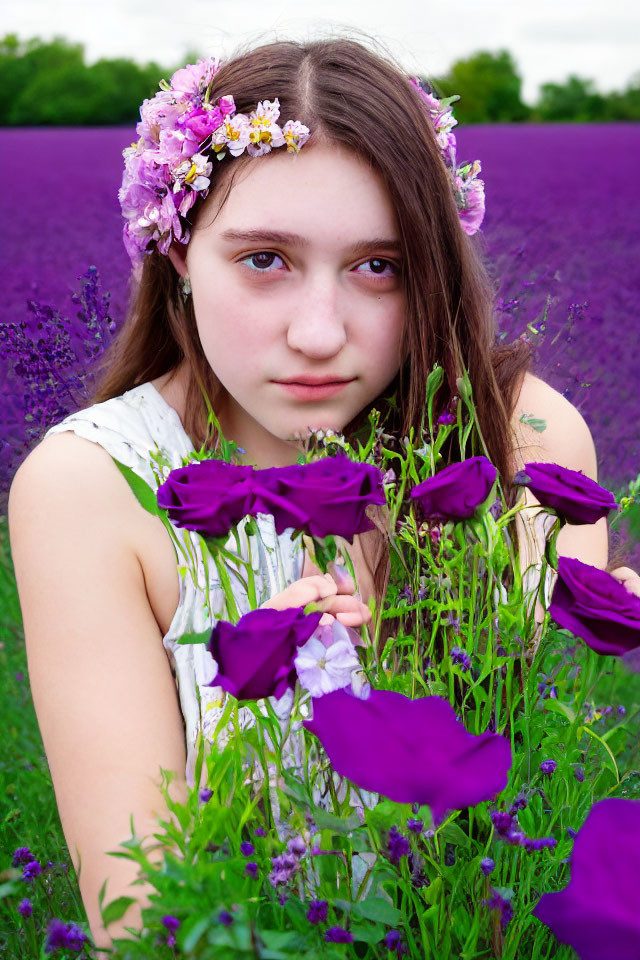 Young woman with floral crown among purple flowers, thoughtful expression