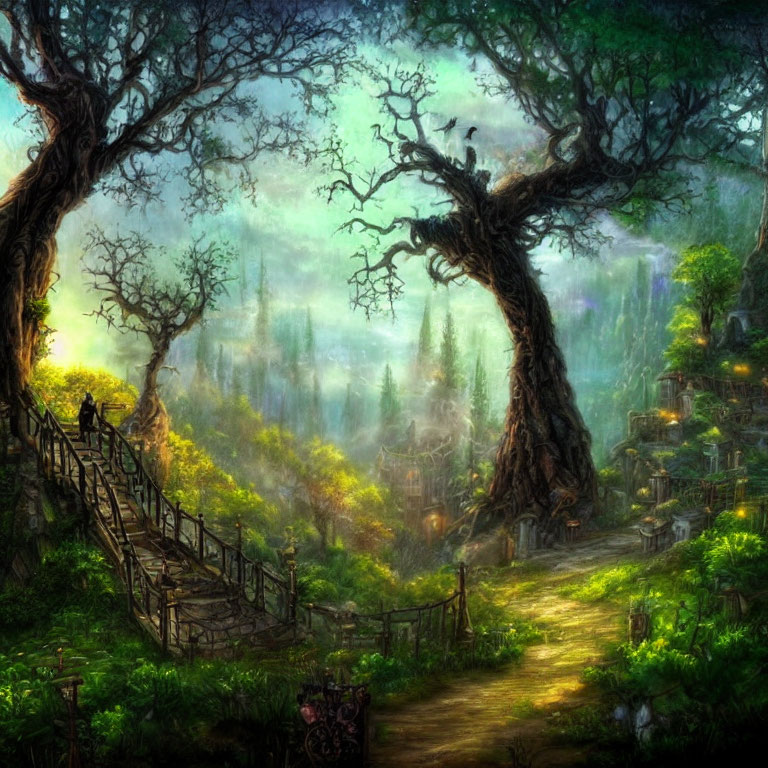 Mystical forest scene with ancient trees, figure on a bridge, hidden village, lush greenery