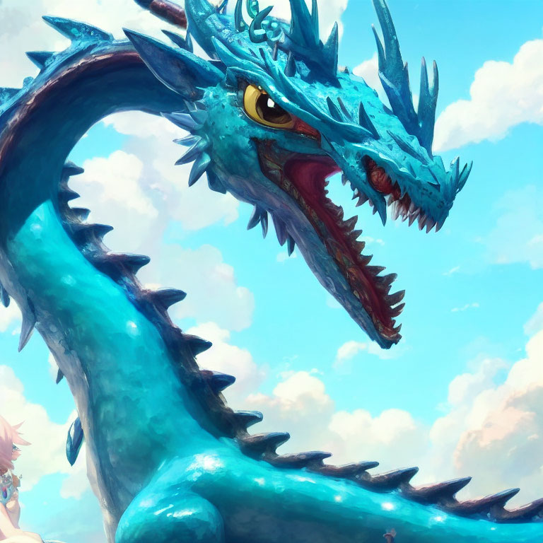 Detailed Illustration: Blue Dragon with Spikes and Fierce Gaze Next to Calm Human