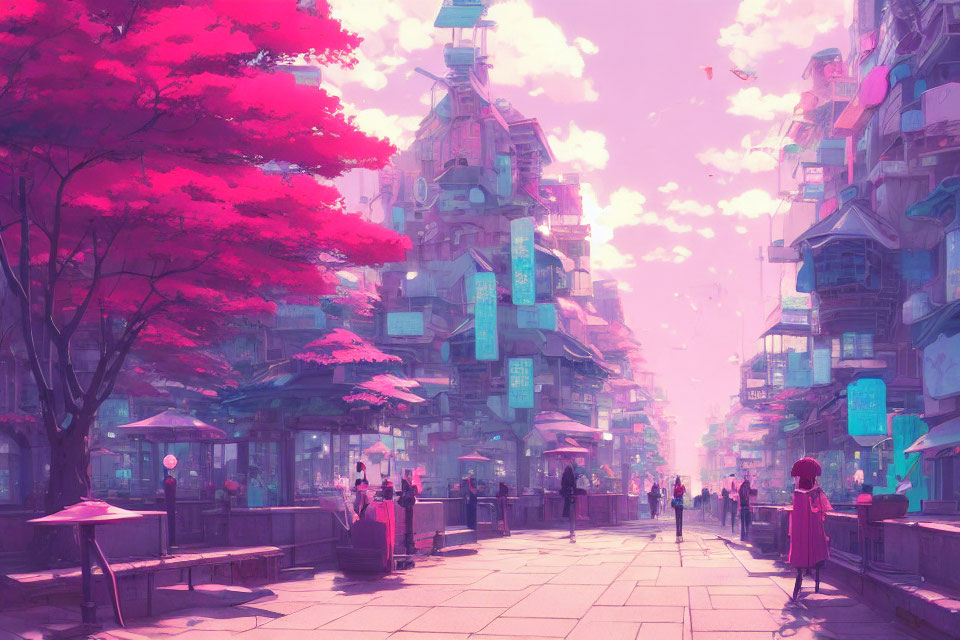 Futuristic cityscape with cherry blossoms and people on vibrant street