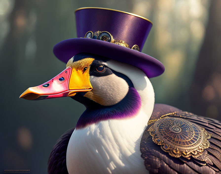 Colorful Beak Duck in Purple Top Hat with Monocle Against Forest Backdrop